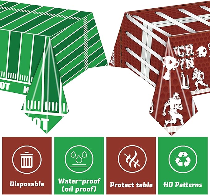 2 PCS Football Tablecloth Plastic 54 X 108Inch, Football Party Decorations Table Cloth Disposable Football Field Tablecloth Touchdown Table Cover for Football Birthday Party Supplies (Football)