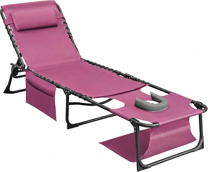 Flamaker Oversize Face Down Chaise Lounge Chair, 27 Inch Wide Foldable Outdoor Patio Chair, 5-Position Adjustable Tanning Chair with Face& Arm Holes for Sunbathing, Pool, Beach, Lawn (Beige, 1 Pcs)