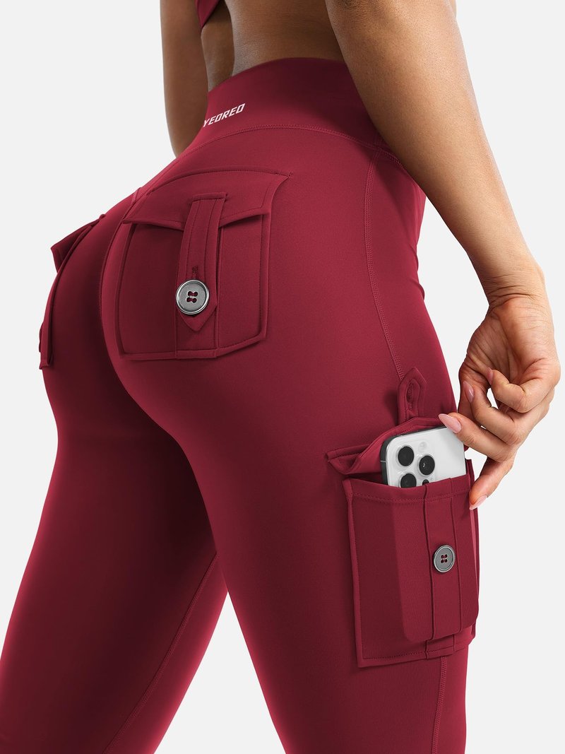 YEOREO CoreFlex Women Workout Flare Leggings with Pockets Hidden Scrunch Cargo Gym Yoga No Front Seam Leggings Wine S