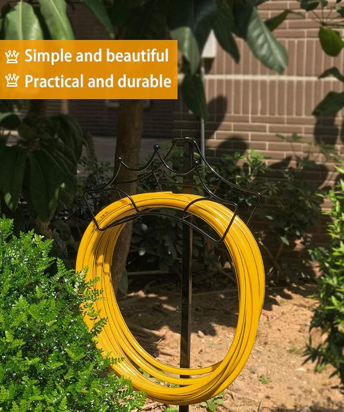 Garbuildman Garden Hose Holder with 3 Spikes, Freestanding Metal Hose Stand for Outdoor Garden, Detachable Hose Storage Rack for Lawn & Yard, Crown Black