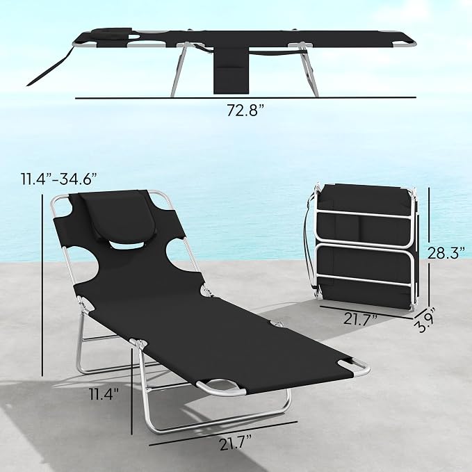 Outsunny Chaise Lounge Chair Outdoor Set of 2 with Face Arm Hole, 5-Position Reclining Face Down Tanning Chair with Carry Strap, Side Pocket, Portable Folding Bed Cot for Patio Beach Pool, Black