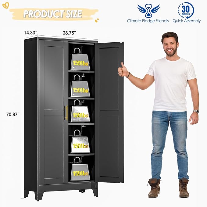 71" Tall Metal Storage Cabinet with 2 Doors and 4 Adjustable Shelves, Kitchen Pantry Cabinet Black Freestanding Cupboard, 5 Tier Multifunctional Steel Storage for Office, Kitchen, Dining Room