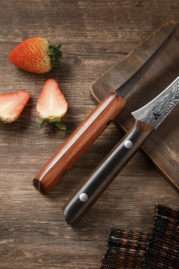 3.5" Paring Knife Damascus Steel Peel Chef Knife - 67-Layer Forged Fruit/Vegetable Knife with Natural Solid Wood Handle, 15° Double-Edged Blade, Ultra-Sharp & Corrosion Resistant