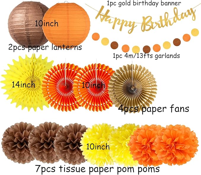 Fall Birthday Decorations Orange Autumn Hanging Paper Fans Orange Brown Yellow Tissue Pom Poms Lantern Circle Dot Garlands Happy Birthday Banner for Baby Shower Fall Harvest Party Decor