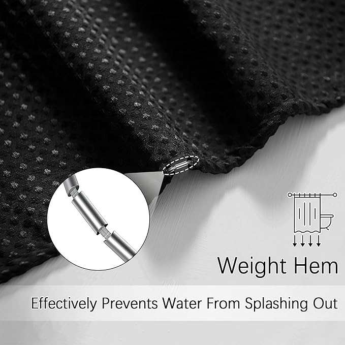 Black Stall Fabric Shower Curtain - Water Repellent Waffle Textured 256GSM Heavy Duty Cloth Shower Curtains for Bath Tubs, Narrow Size Hotel Quality with 6 Hooks, 36Wx72H