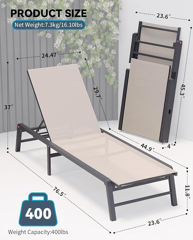 Aluminum Chaise Lounge Chair Outdoor, Foldable Patio Lounge Chair Assemble-Free, Pool Lounge Chairs with 5 Adjustable Backrest, Outdoor Lounge Chairs for Outside Poolside Beach Lawn Beige