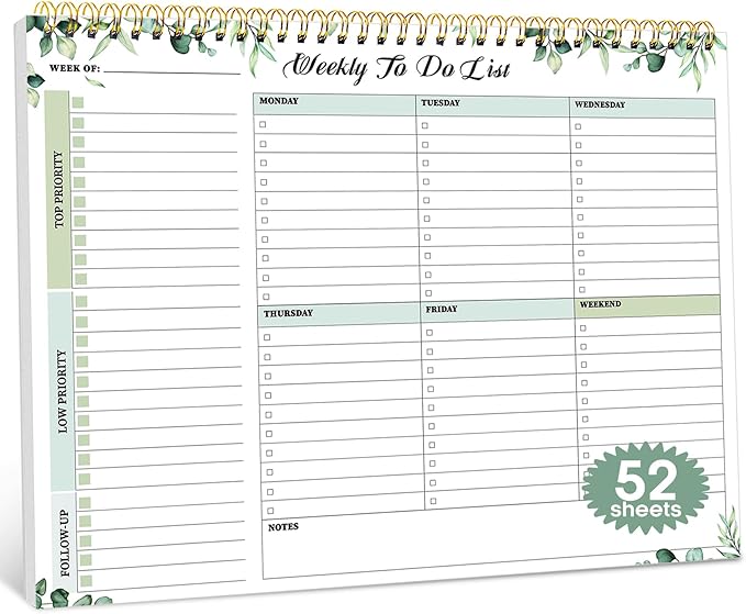 Taja Weekly To Do List Notepad with 52 Undated Sheets（8.5"×11"）- Weekly Desk Planner for Women & Man, Work and Home - 1 Pack Serene Green