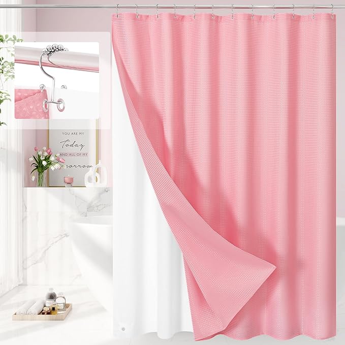 3 in 1 Extra Long Pink Shower Curtain Set-72 W x 84 H, Modern Waffle and PEVA Liner Set with 12 Stainless Steel Hooks, Waterproof Fabric for Bathroom