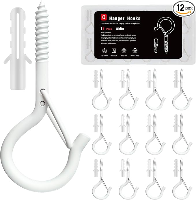 12 Pack Black Screw Hooks with Safety Buckle - 2.3 Inch Rustproof Eye Ceiling Hooks for Hanging Plants,Outdoor String Lights,Baskets,Christmas Lights & Decor,40lb Capacity (12, White)