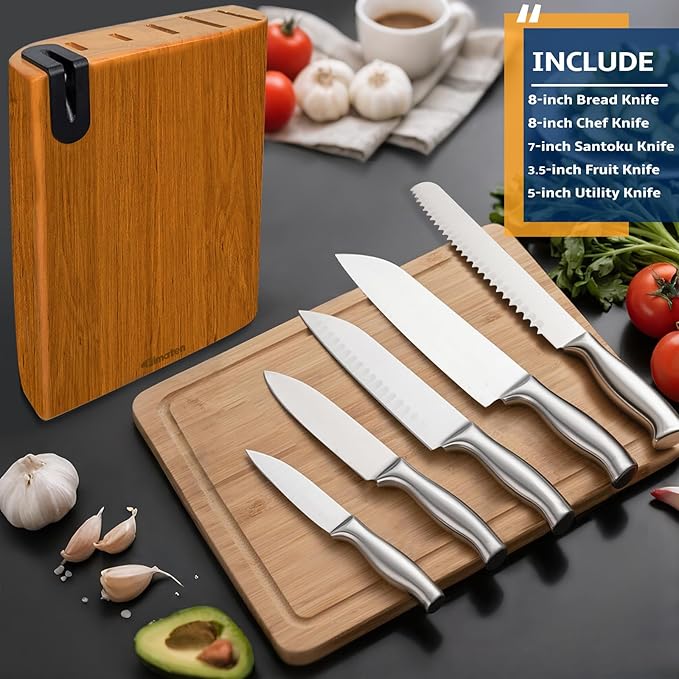 Knife Set - 6pcs Kitchen knife set with block and sharpener, Premium Stainless Steel Knife Set Prevent Rusting with Uniquely Designed Wood knife Block, Ultra Sharp Knives with Ergonomic Handle