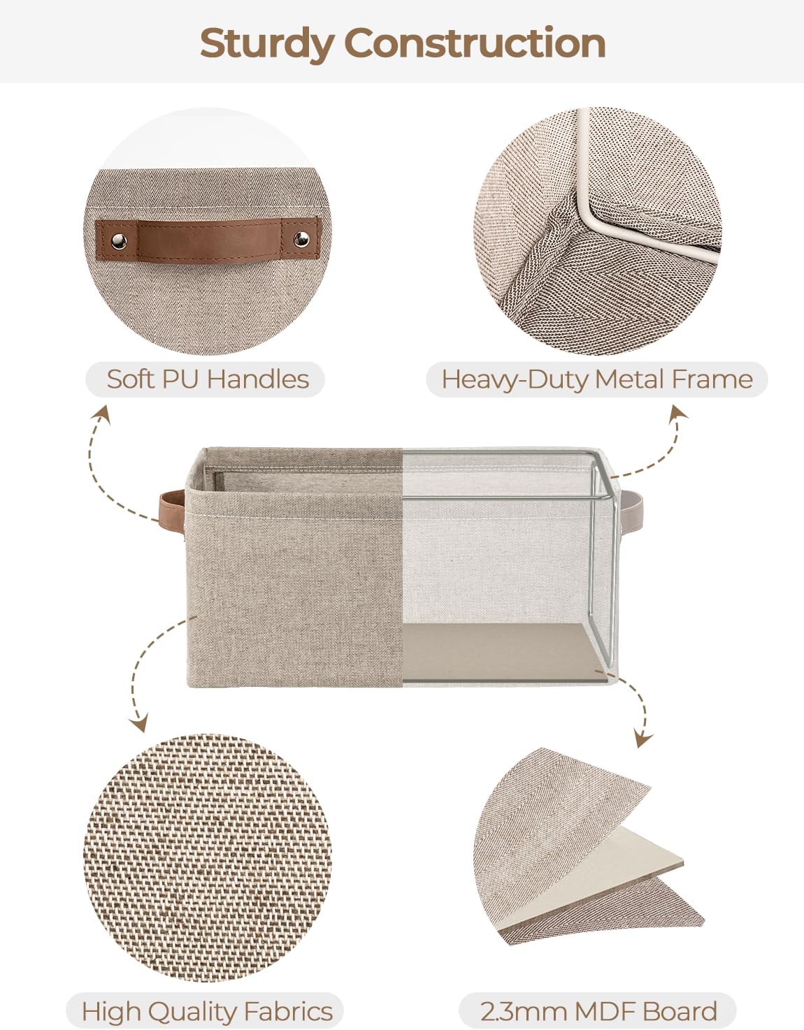 StorageWorks Narrow Storage Bins, Small Basket for Closet and Shelves, Rectangular Fabric Organizer with Handles, Toilet Paper Storage, Brown and Beige, 2-Pack