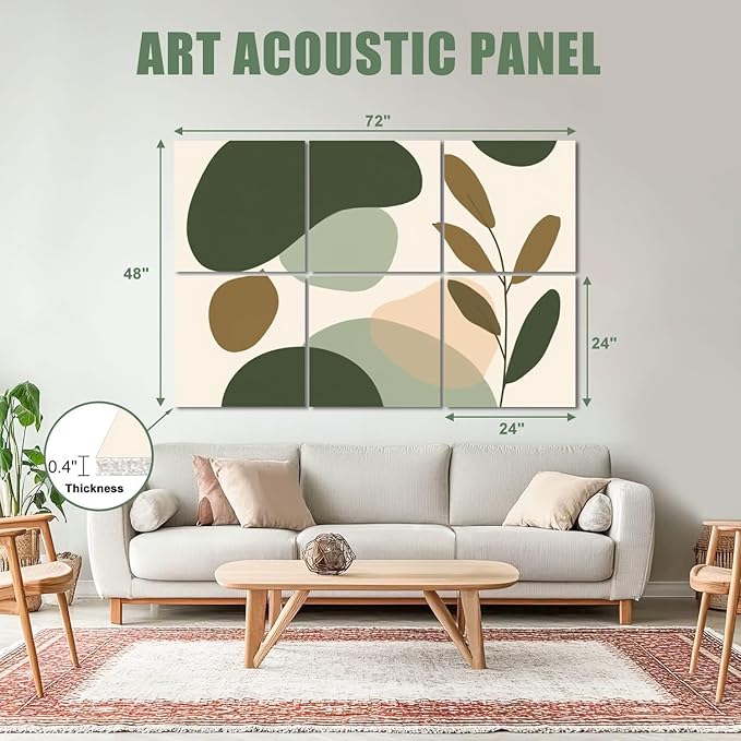 6 Pack Art Acoustic Panels Sound Absorbing Boho Botanical Leaf Orange Green