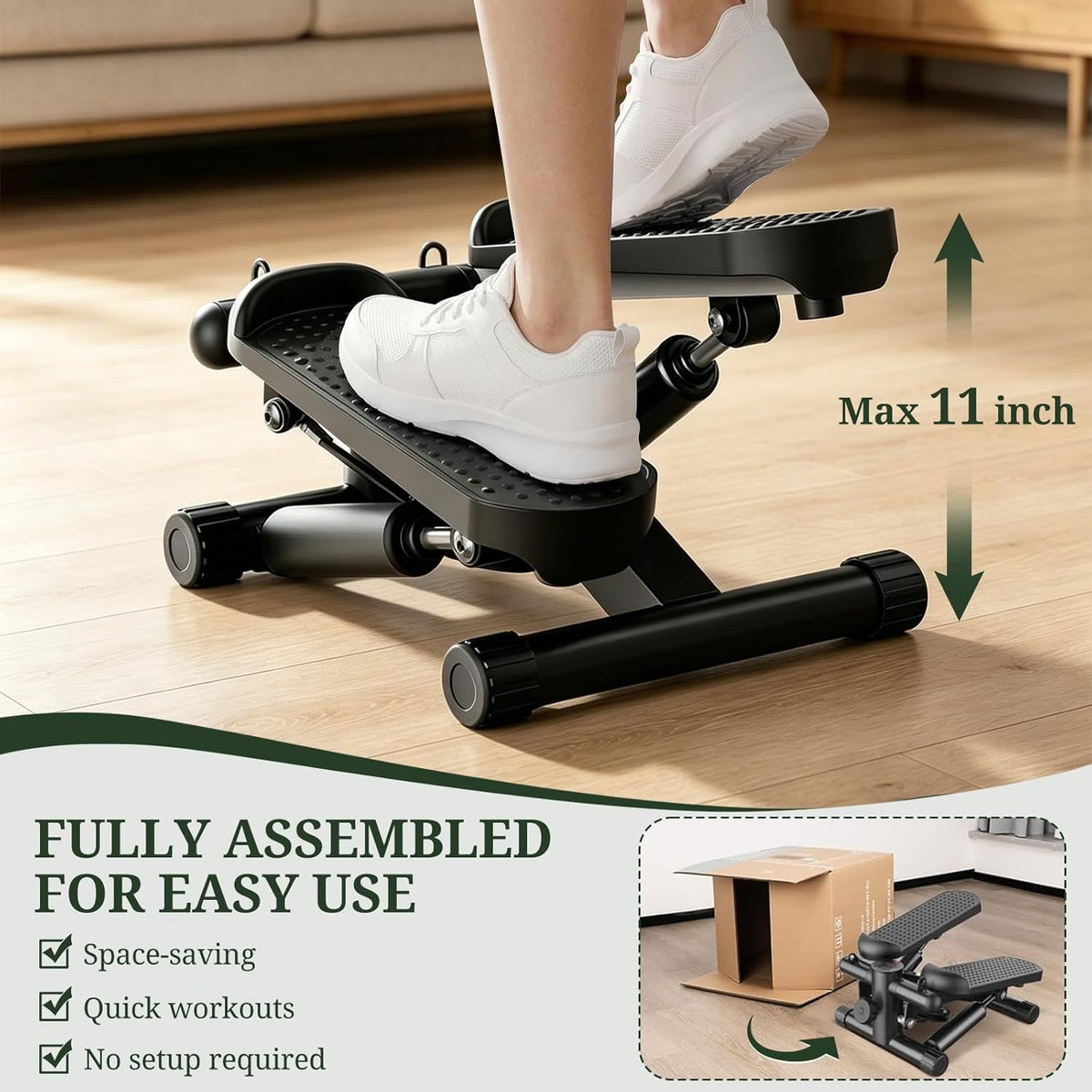 Skiennix Mini Stair Stepper - Portable Exercise Machine with Resistance Bands & LCD Monitor | Black