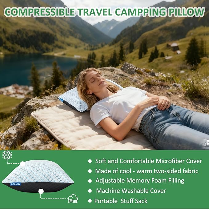 Gehannah Travel Pillow - Compressible Camping Pillow for Sleeping, Shredded Memory Foam Pillow with Storage Bag Compact Supportive (Grey, Large(2 Pack))