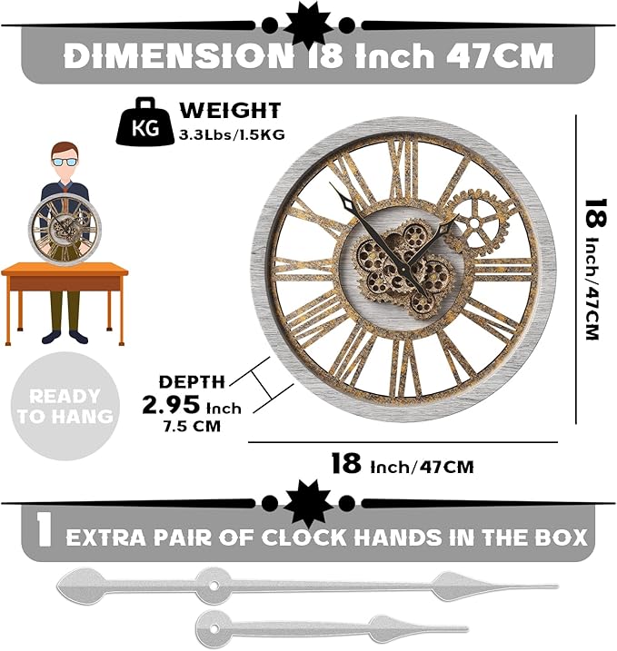 B-Style Large Wall Clock 18 Inch Moving Gear Oversized Vintage Farmhouse Rustic