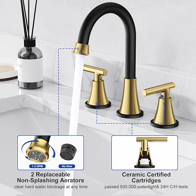 Bathroom Faucets for Sink 3 Hole, Hurran Black& Gold Bathroom Sink Faucet with Pop-up Drain and Supply Lines, Stainless Steel Lead-Free Widespread Faucet for Vanity RV Farmhouse Sink