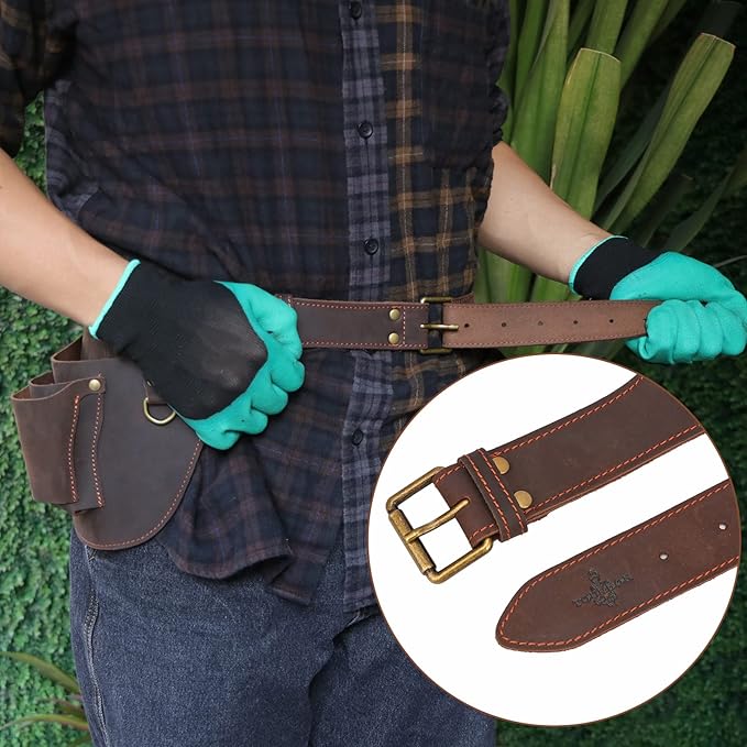 Tourbon Genuine Leather Florist Tool Belt Gardening Bag Gardener Farmer Tools Holster Waist Pouch Electrician Carpenter Organizer Kit 3 Pockets (Brown, 42 inches)