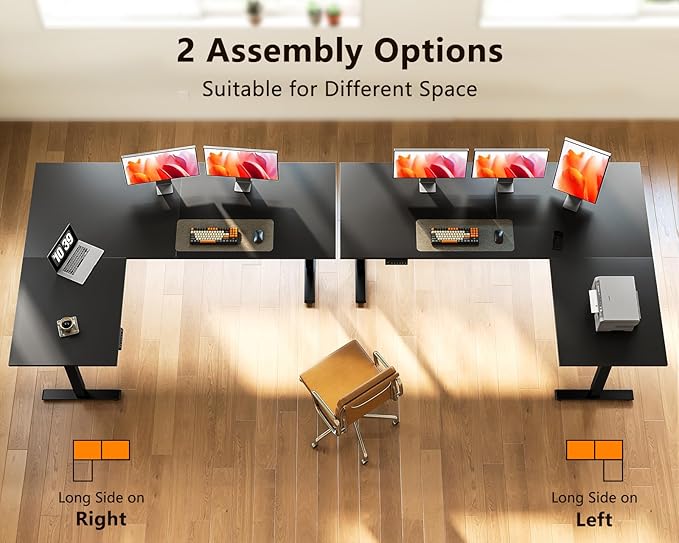 Casaottima 63 Inch Reversible L Shaped Electric Standing Desk, Ergonomic Height Adjustable Desk, Large Lift Corner Stand up Table for Workstation, Home Office, Reception Room, Black