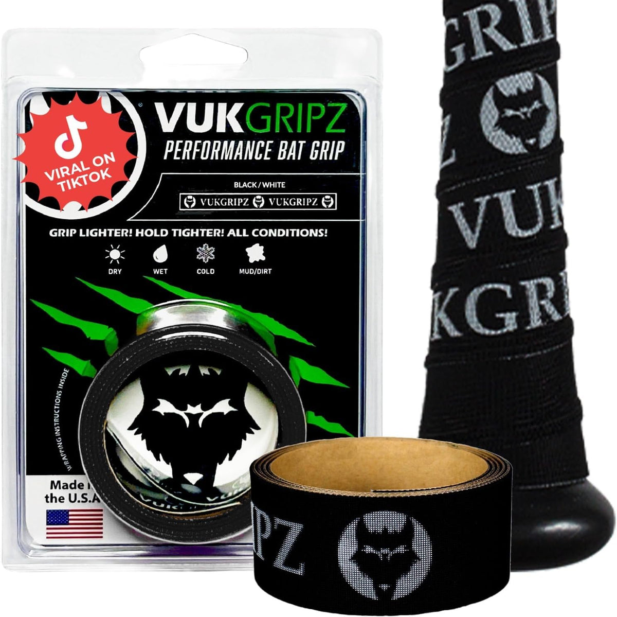 VukGripz Baseball Bat Grip Tape - Non-Sticky, Moisture-Wicking, Vibration-Reducing | USA Made