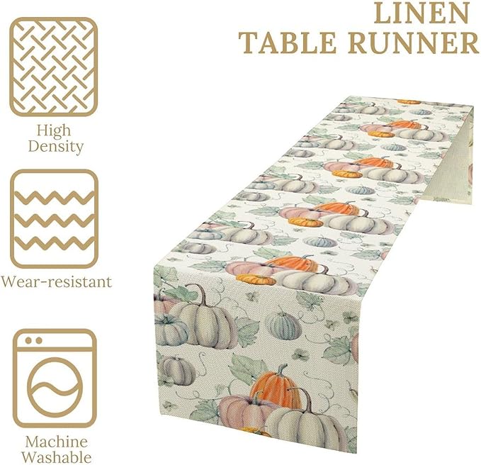 Fall Pumpkin Table Runner Vintage Leaves Plant Motifs Thanksgiving Theme Watercolor Illustration Home Decor for Farmhouse Indoor Outdoor Party Holiday Dining Kitchen Restaurant Cafe W13xL90in