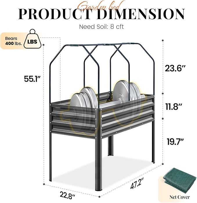 KING BIRD Large Raised Garden Bed with Netting Galvanized Elevated Planter Box with Legs 48×24×56 in for Backyard, Patio, Balcony, 400lb Capacity, Dark Grey