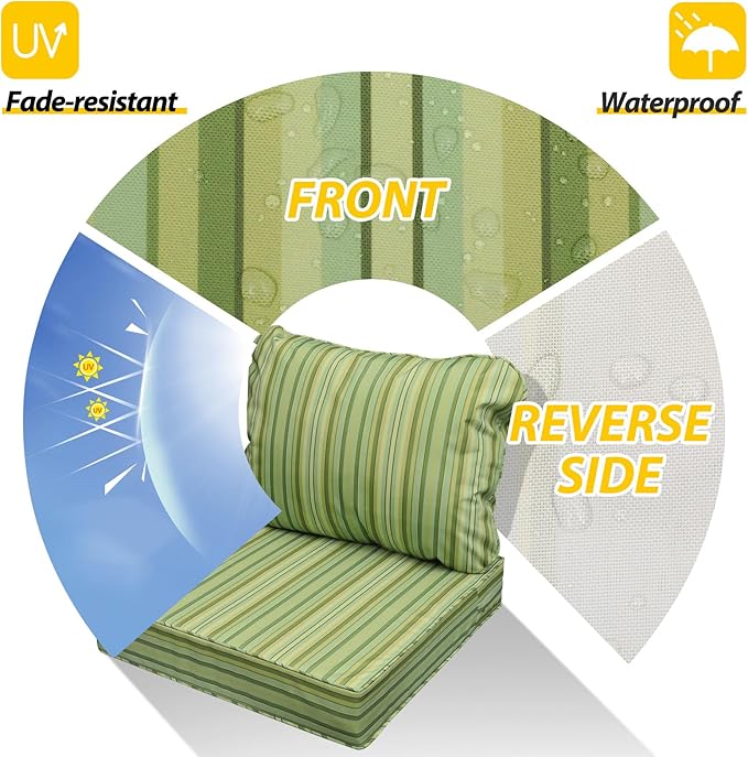 AAAAAcessories Outdoor Seat Cushions for Chairs, Fade-Resistant, Waterproof Patio Furniture Replacement Cushions, 21" x 19" x 3" + 21" x 19", Mossy Forest Stripe
