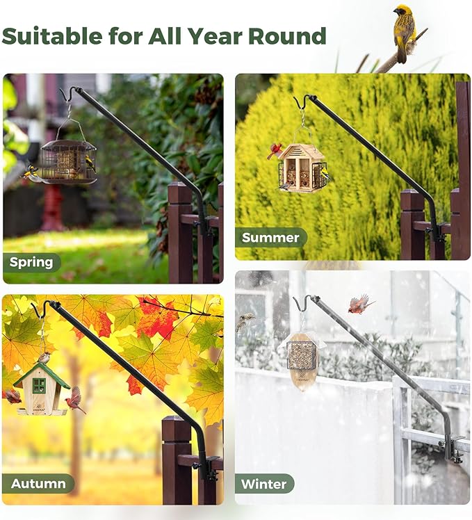 Kingsyard Heavy Duty Deck Hook, 27"-39" Adjustable Metal Deck Railing Hooks for Hanging Bird Feeders, Planters, Suet Baskets, Lanterns, Wind Chimes, Clamp Mounted