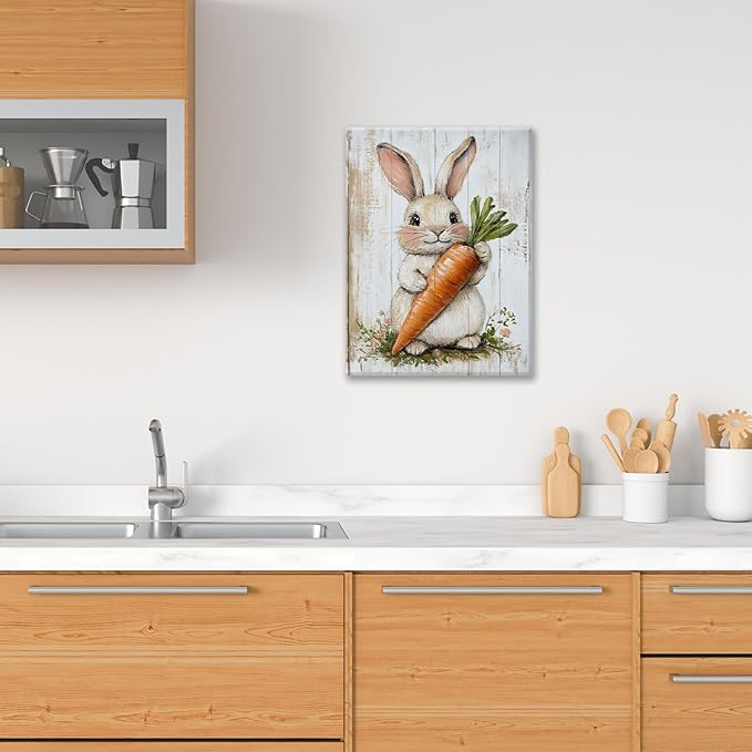 Rabbit Wall Art, Easter Bunny Pictures Wall Decor, Farmhouse Rabbit Carrot Canvas Prints, Rustic Cute Animal Painting Framed Artwork for Bathroom Living Room Bedroom Office Dining Room 16"X12"