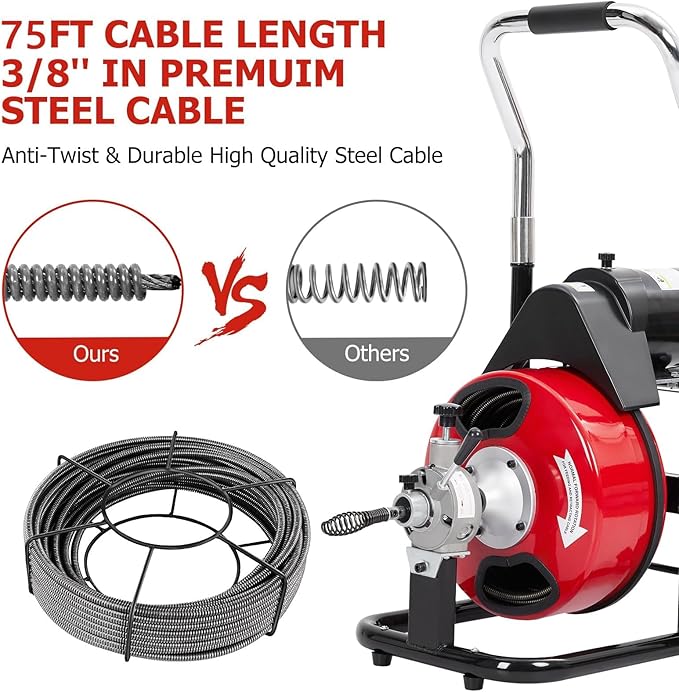 75Ft x 3/8Inch Drain Cleaner Machine, Portable Electric Drain Auger Cleaner with 6 Cutters & Gloves, Drain Cleaning Machine Fits 1" to 4" Pipes