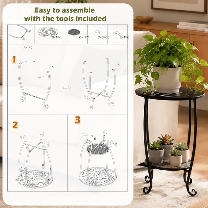 2-Tier Metal Round Side Table Black Accent Coffee Tables Small Space Corner Plant Stand Shelf for Indoor Outdoor Porch Patio Balcony Living Room End Table with Storage, Rust-Proof