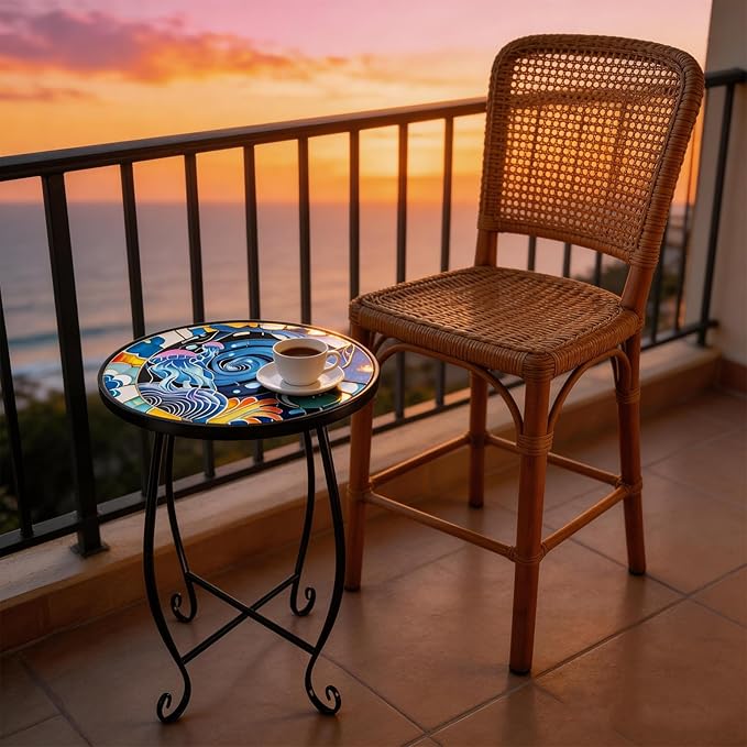 15 Inch Jellyfish Mosaic Side Table (1 PC) - Small Outdoor Round Folding Table with Weather-Resistant Metal Frame, Coastal Accent End Table for Patio, Garden, Balcony, Backyard