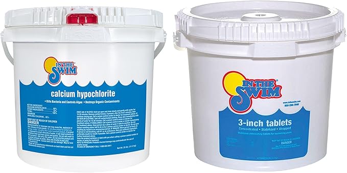 In The Swim Shock and Chlorine Bundle for Sanitizing Swimming Pools – Includes 25 Pound Bucket of 68% Cal-Hypo Pool Shock and 25 Pound Bucket of 3 Inch Stabilized Chlorine Tablets
