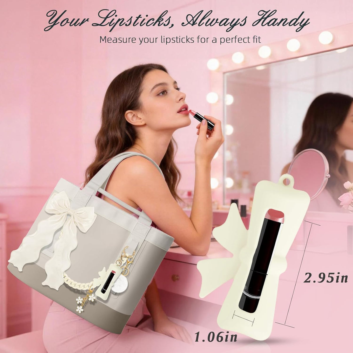 Skiennix Tote Bag Decor Kit - 5PCS Decorative Charms with Bow, Lipstick Holder & Pom Pom | Compatible with YETI Camino 20/35/50 & Bogg Bag Accessories for Women