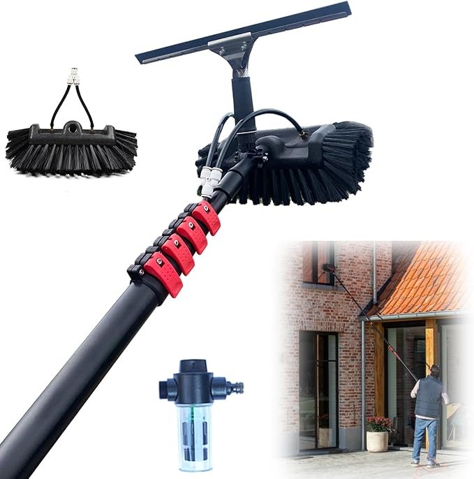 Telescopic Extendable Window Cleaning Pole Kit with Water Fed Hose 6M Reach Solar Panel & Conservatory Brush Equipment for Roof Cleaning