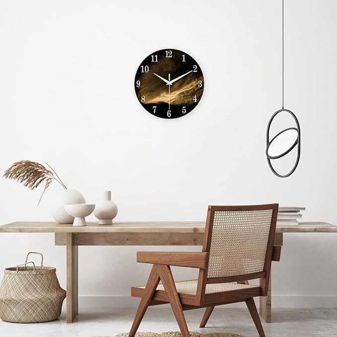Black and Glod Wall Clocks for Living Room Decor Glass Wall Clock Battery