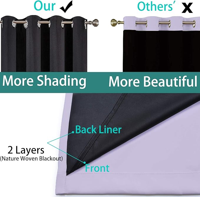 Yakamok Full Blackout Curtains 45 Inches Long, 2 Thick Layers Grommet Top