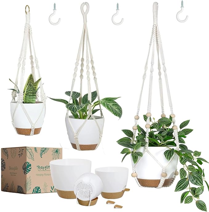 Bouqlife Hanging Planters with Macrame Plant Hangers for Indoor Outdoor Plants 3 Set Self Watering Pots Hanging Baskets Flower Pot Holders 3 Different Size