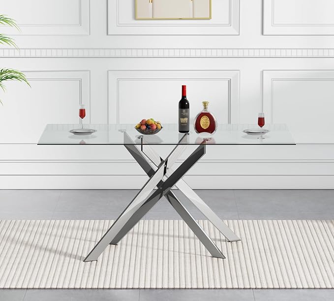 51" Rectangular Glass Dining Table Modern Kitchen Glass Top Table for 4 with Silver Metal Legs, Clear Dining Table Kitchen Table for Home Office Dining Room