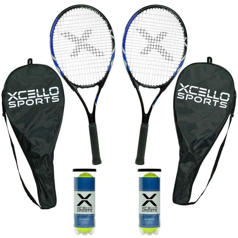 Xcello Sports 27" Aluminum Racket Set (Blue/Black) with 2 Tubes of Tennis Balls and 2 Covers