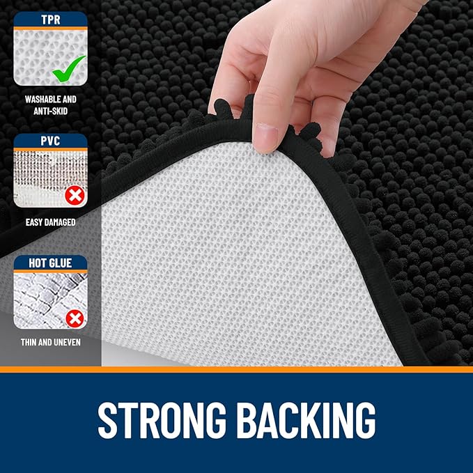 OLANLY Bathroom Rugs 47x20, Extra Soft Absorbent Chenille Bath Rugs, Rubber Backing Quick Dry, Machine Washable Bath Mats for Bathroom Floor, Tub and Shower, Home Decor Accessories, Black
