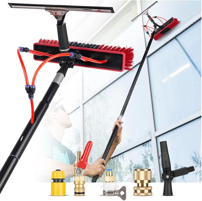 Telescopic Solar Panel Cleaning Brush Kit - 3-12M Pole 35/55cm Brush Head Water Hose Fed Outdoor Window & Roof Cleaner RV & Pool Cleaning Tool (7M with 55CM Brush)