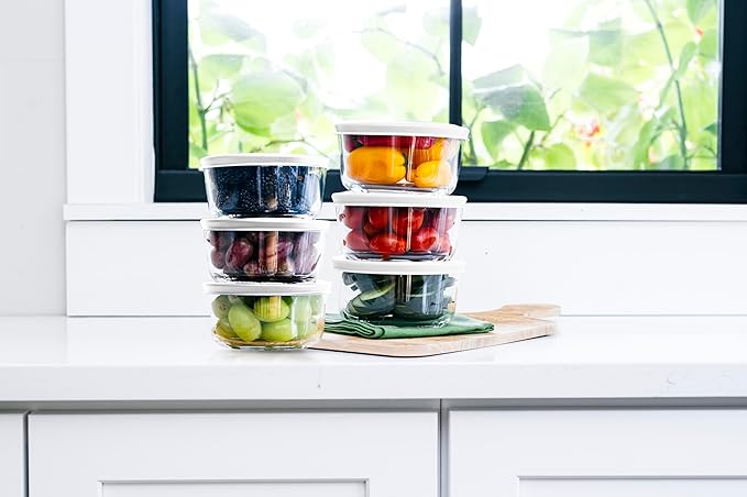 12-Piece Glass Food Storage Containers Set (6 Containers + 6 BPA-Free Lids) | 4-Cup, Leakproof | Microwave, Freezer, Oven & Dishwasher Safe | Ideal for Meal Prep & Pantry Organization