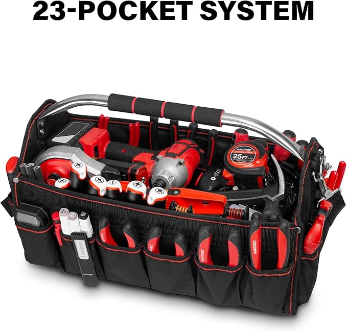 HAUTMEC 18" Foldable Tool Tote, Open Top Tool Bag with Removable Divider & Stiff Frame, 23-Pockets Electrician Tool Bag with Padded Steel Handle, Shoulder Strap & Water-Resistant Hard Base – HT0020