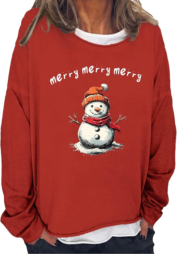 LOAIHA Christmas Shirts for Women Crewneck Snowman Snowflake Santa Graphic Shirts Christmas Tree Long Sleeve Xmas Hoodie