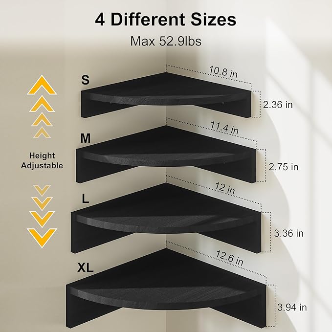 Alsonerbay Black Corner Wall Shelf, Floating Shelves Wall Mount Set of 4