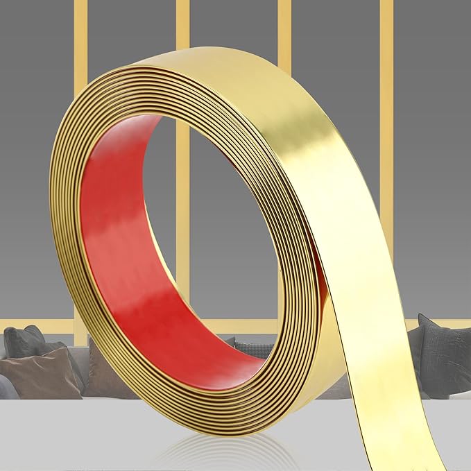 Glossy Gold Peel and Stick PVC Molding Trim, Flexible DIY Wall Accent Strip for Mirror Frame, Cabinet, Edges & Borders and Tiles (197''L x 1.6''W)
