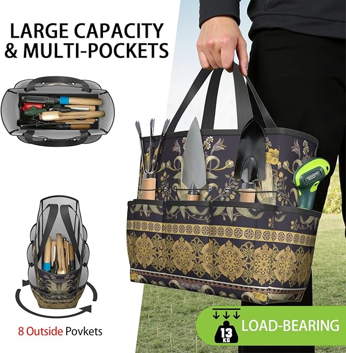 Paisley Garden Tool Bag - Waterproof Garden Tote with 8 Pockets, Large Storage Home Organizer Gardening Tool Oxford Bag for Garden Tools Kits Holder, Ideal Outdoor Gardening Gift for Women & Men