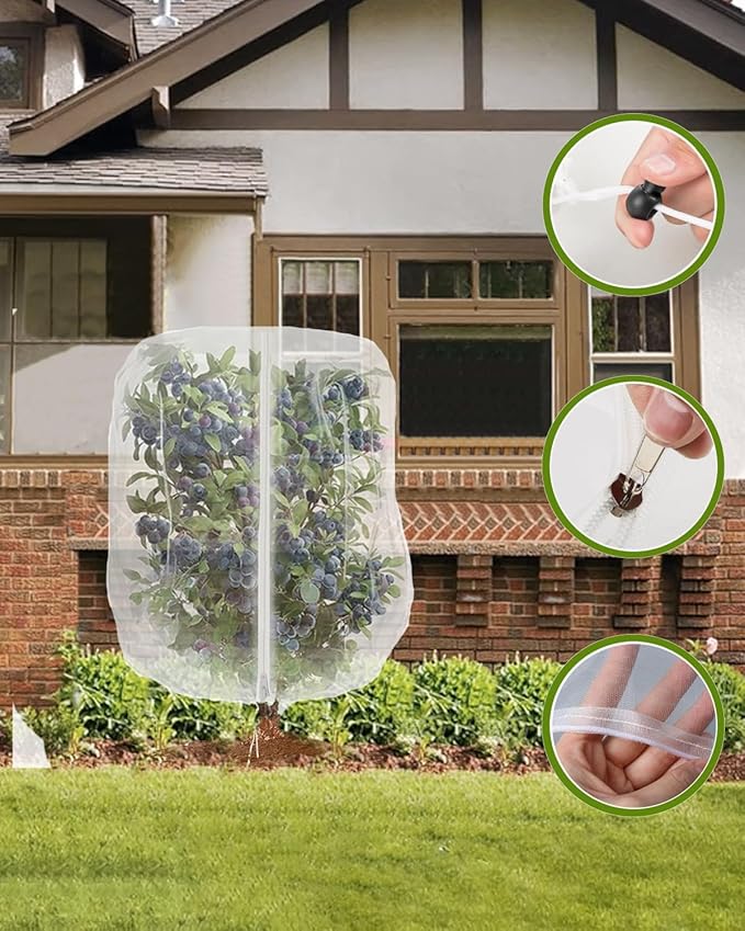 4 Pack Fruit Tree Netting with Zipper & Drawstring, 3.9 x 5.9 Ft Reusable Blueberry Bush Netting Cover, Durable Bird Netting for Vegetables, Trees, Bushes in Garden