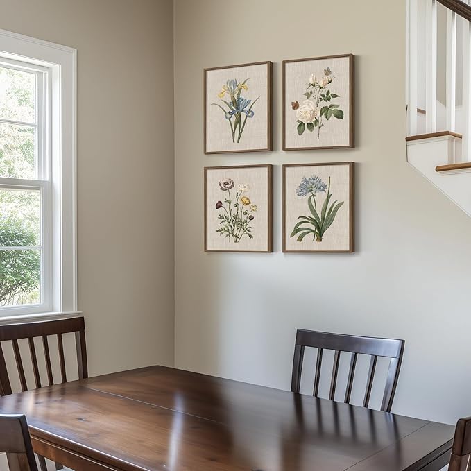 Framed Vintage Botanical Wall Art, 4 Piece Rustic Floral Painting Canvas Prints