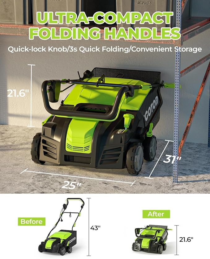 2-in-1 Electric Dethatcher and Scarifier, 13-Inch Raking & Scarifying, Turf Dethatcher & with 4-Position Height Adjustment, 14.5 gal Removable Thatch Bag for Lawn Health
